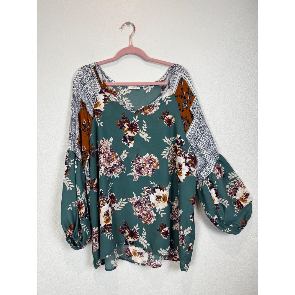 ODDI Blouse Womens 1XL Green Floral Mixed Print Balloon Sleeve Boho